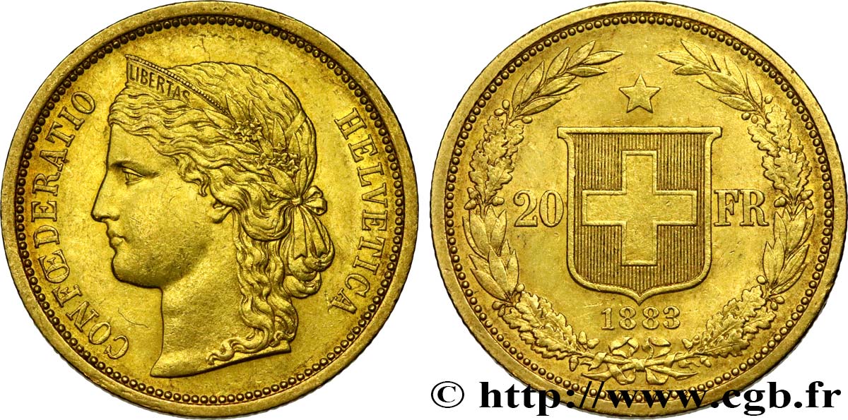 SUISSE 20 Francs buste diadémé d Helvetia 1883 Berne TTB+ 