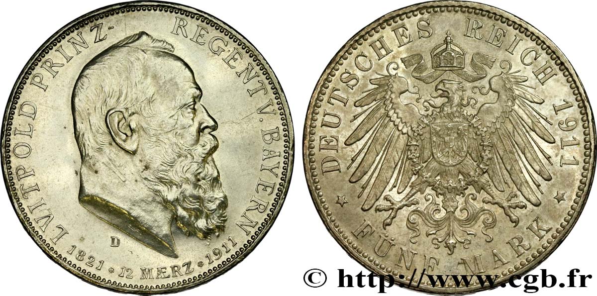 GERMANY - BAVARIA 5 Mark Léopold 1911 Munich  AU/MS 