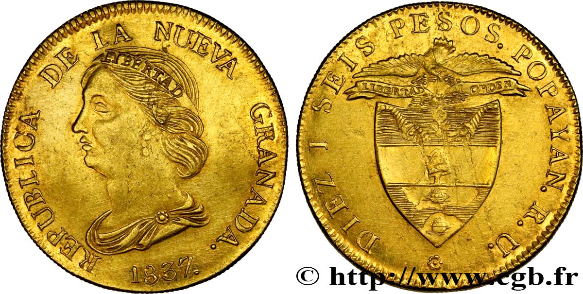 COLOMBIA - REPUBLIC OF NEW GRANADA 16 Pesos en or 1837 Bogota AU 