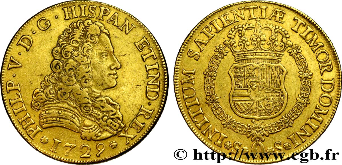 SPANIEN - KÖNIGREICH SPANIEN - PHILIPP V. VON BOURBON 8 Escudos 1729 Séville SS 