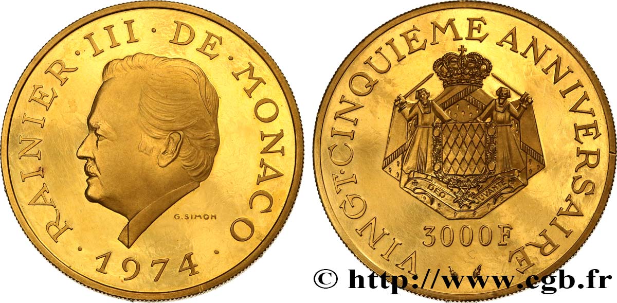 MÓNACO - PRINCIPADO DE MÓNACO - RANIERO III 3000 Francs proof 25e anniversaire de règne de Rainier III 1974 Paris SC 