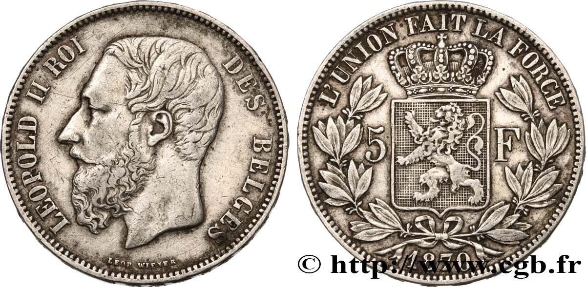 BELGIQUE 5 Francs Léopold II 1870 TTB