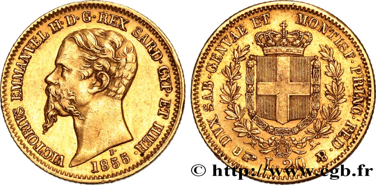 ITALY - KINGDOM OF SARDINIA 20 Lire Victor Emmanuel II 1855 Turin AU 