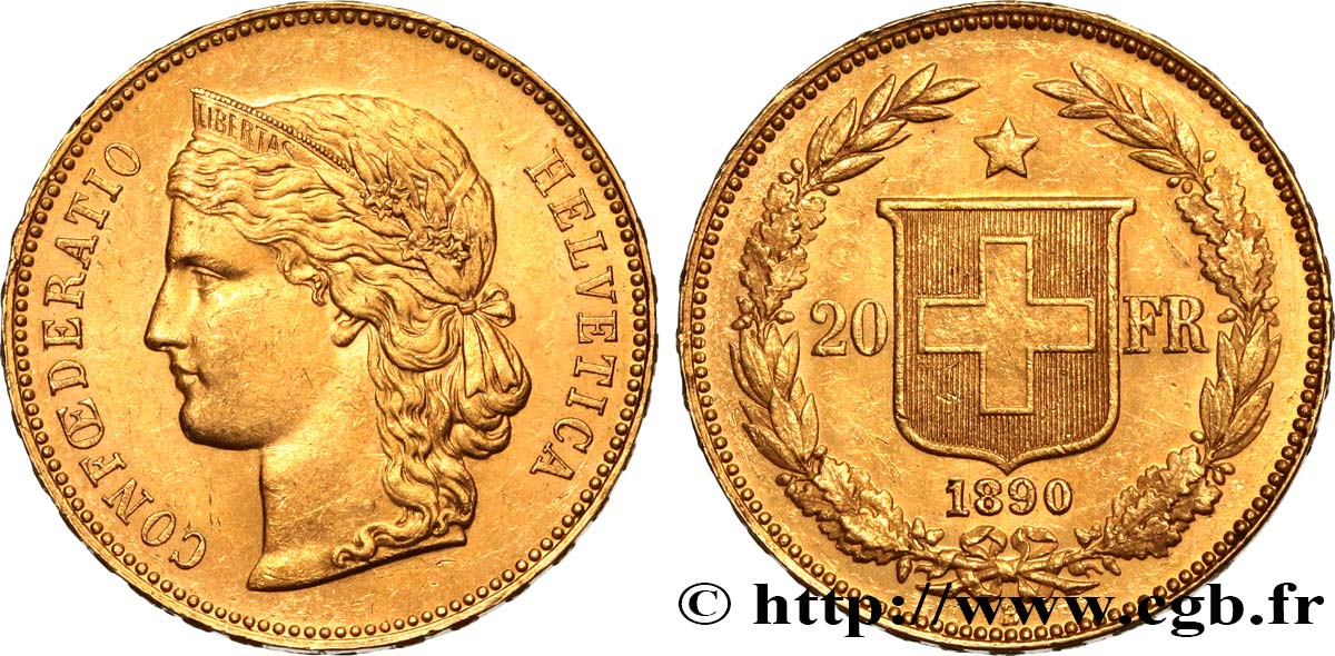 SUISSE 20 Francs Helvetia 1890 Berne SUP 
