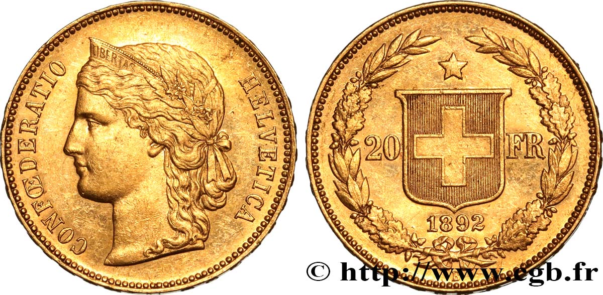 SUISSE 20 Francs Helvetia 1892 Berne SUP 