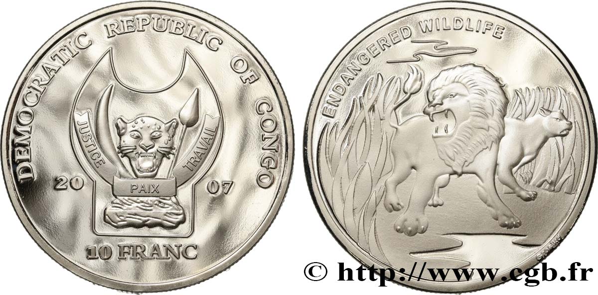 REPUBBLICA DEMOCRATICA DEL CONGO 10 Franc(s) Proof Espèces en danger : lions 2007  FDC 