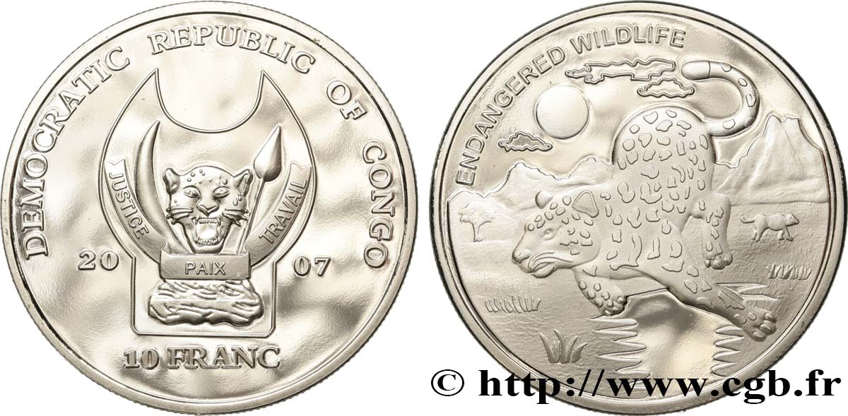 REPUBBLICA DEMOCRATICA DEL CONGO 10 Franc(s) Proof Espèces en danger : léopard 2007  FDC 