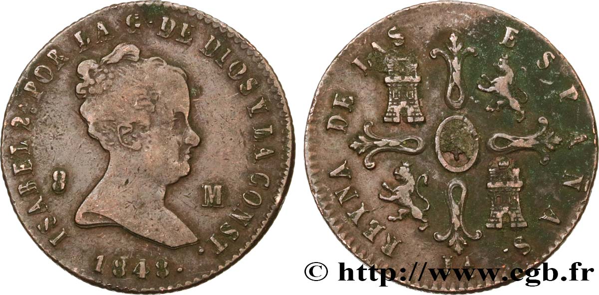 ESPAGNE 8 Maravedis Isabelle 1848 Jubia TB+