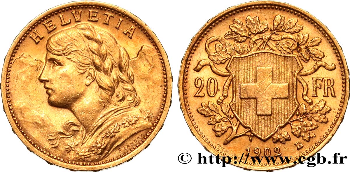 SWITZERLAND 20 Francs  Vreneli  1902 Berne AU 