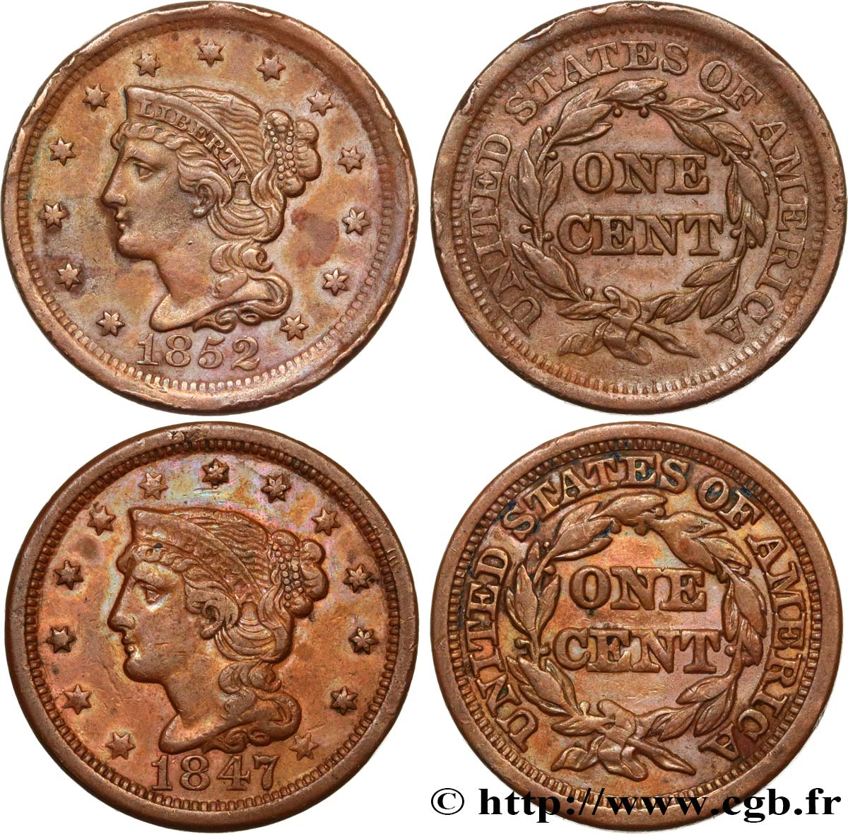 UNITED STATES OF AMERICA Lot de 2 “One Cent Braided Hair” 1847,1852 Philadelphie AU 