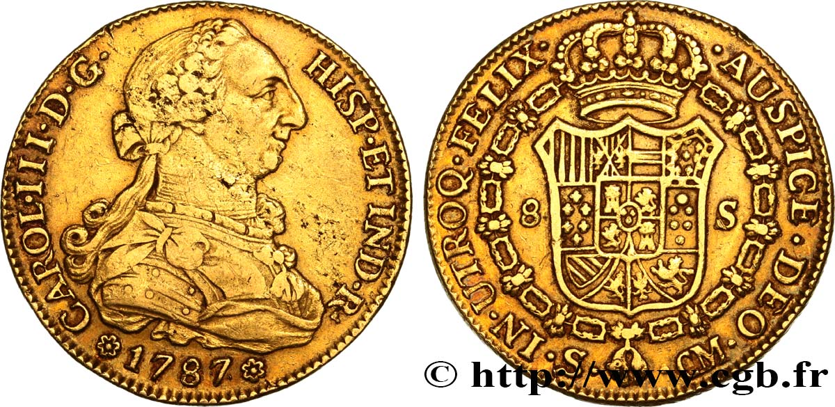 SPAIN - KINGDOM OF SPAIN - CHARLES III 8 Escudos 1787 Séville XF 