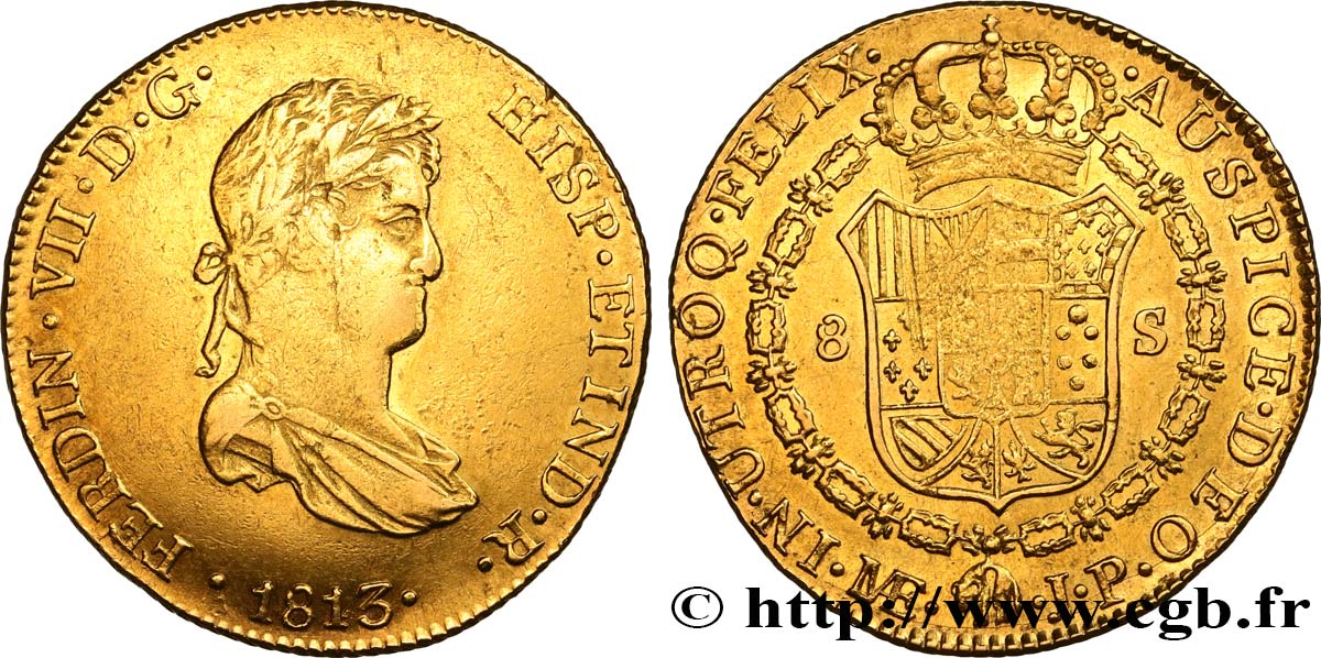 PERU - KINGDOM OF SPAIN AND INDIES - FERDINAND VII 8 Escudos 1813 Lima XF/AU 
