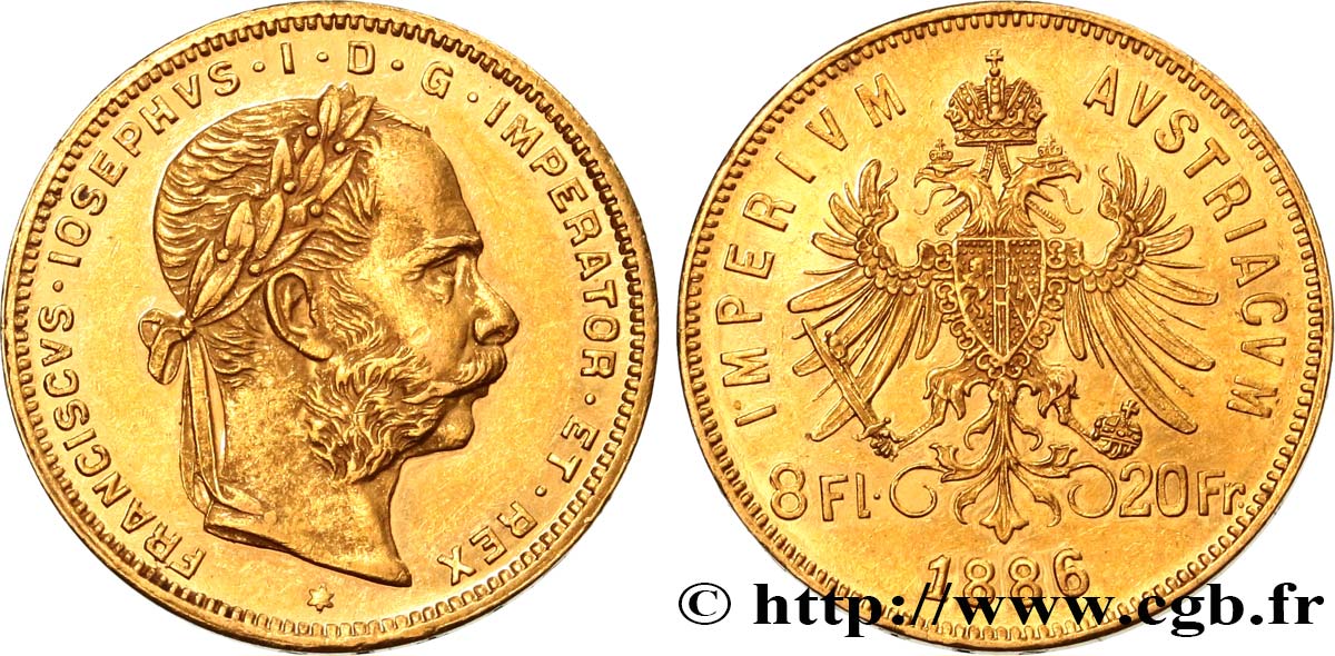 AUSTRIA 8 Florins ou 20 Francs François-Joseph Ier 1888 Vienne AU 