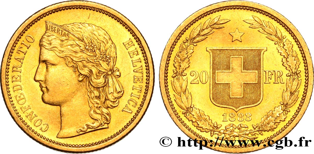 SUISSE 20 Francs buste diadémé d Helvetia 1883 Berne SUP 