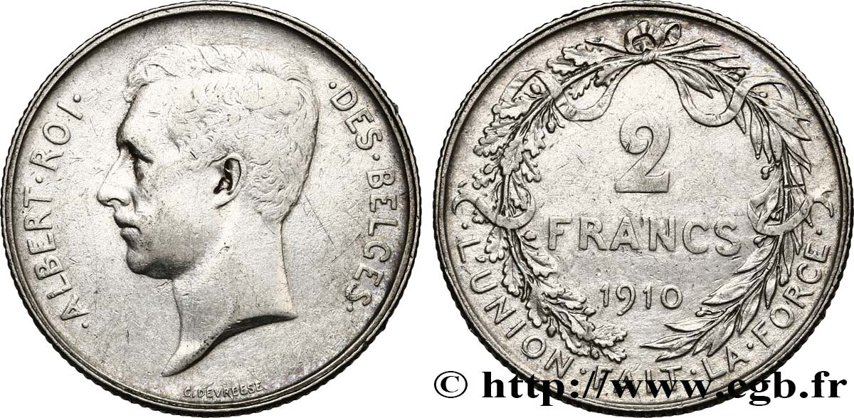 BELGIQUE 2 Francs Albert Ier légende française 1910 TB+