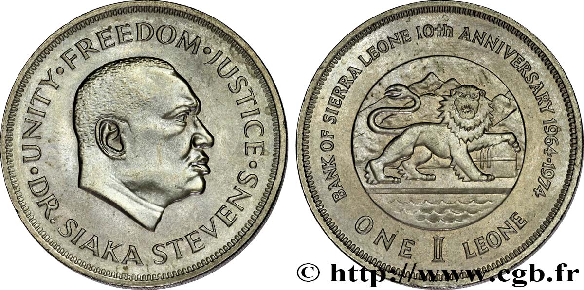 SIERRA LEONE 1 Leone 10e anniversaire de la Banque centrale de Sierra Leone 1974 AU