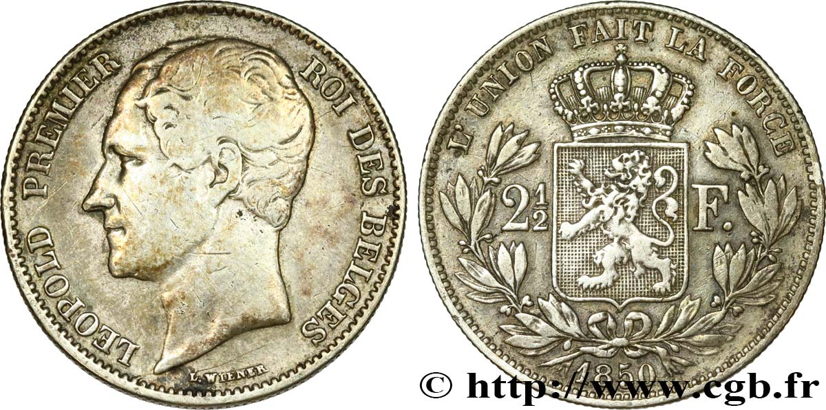 BELGIUM 2 1/2 Francs Léopold Ier 1850 Bruxelles VF 