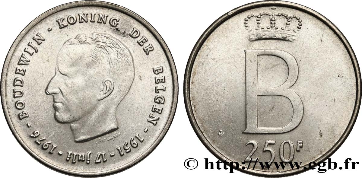 BELGIQUE 250 Francs jubilé d’argent du roi Baudouin légende flamande 1976 Bruxelles SUP