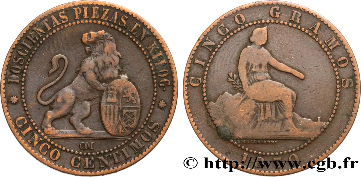 ESPAGNE 5 Centimos “ESPAÑA” 1870 Oeschger Mesdach & CO TB+