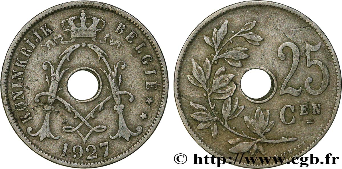 BELGIUM 25 Centimes 1927  XF 