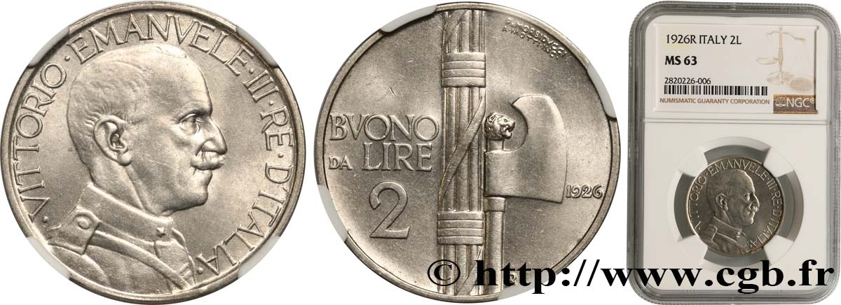 ITALIA - REGNO D ITALIA - VITTORIO EMANUELE III Bon pour 2 Lire (Buono da Lire 2) 1926 Rome MS63 NGC