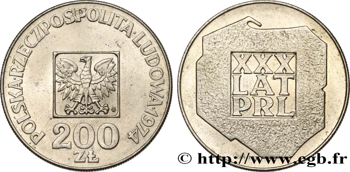 POLOGNE 200 Zlotych aigle 30e anniversaire de la fondation de la république populaire 1974 Varsovie SUP