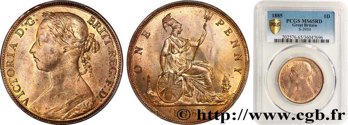 GREAT BRITAIN - VICTORIA 1 Penny “Bun Head” 1885  MS65 PCGS