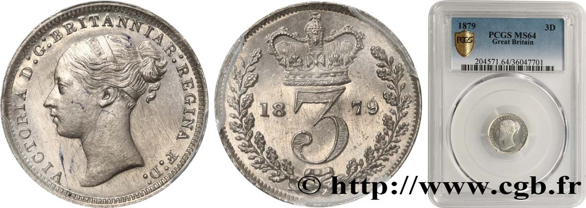 GROßBRITANNIEN - VICTORIA 3 Pence “Bun Head” 1879  fST64 PCGS