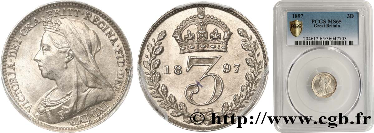 GRAN BRETAÑA - VICTORIA 3 Pence buste dit Old Head 1897  FDC65 PCGS