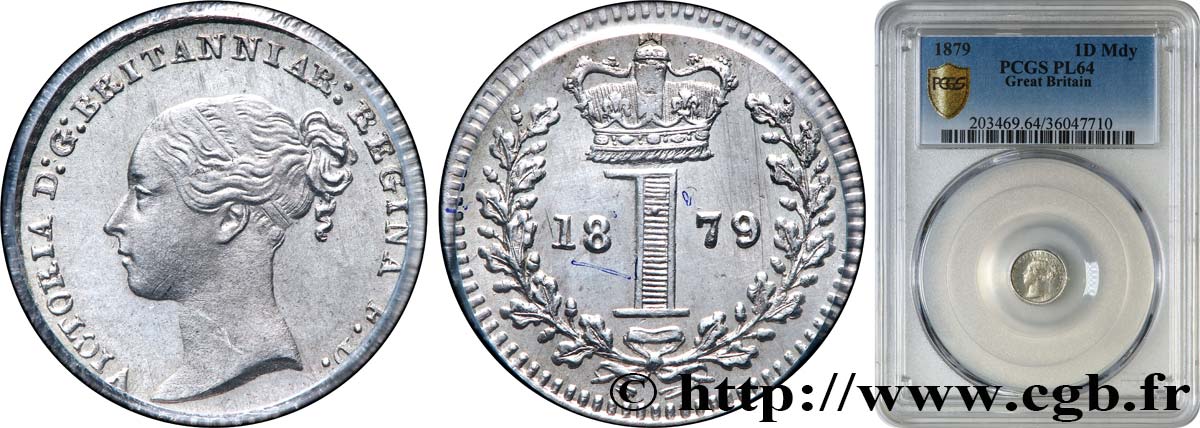 UNITED KINGDOM 1 Penny Victoria “Bun Head” Prooflike 1879  MS64 PCGS