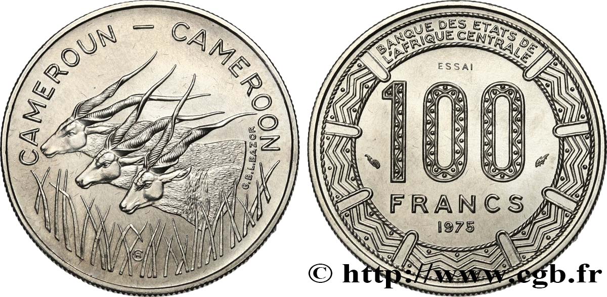 CAMERúN Essai de 100 Francs légende bilingue, type BEAC antilopes 1975 Paris FDC 