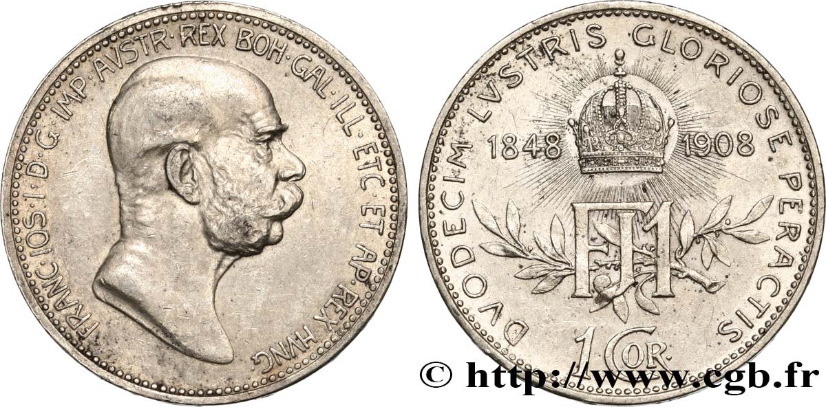AUTRICHE 1 Corona 60e anniversaire du règne de François-Joseph Ier 1908 SUP