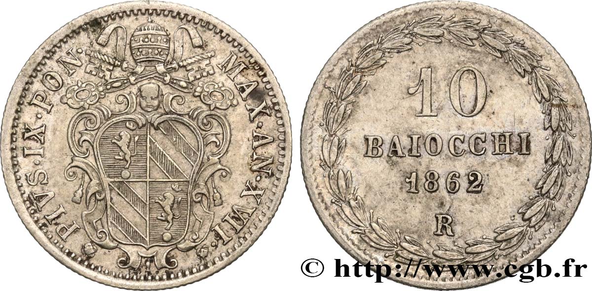VATICAN AND PAPAL STATES 10 Baiocchi Pie IX an XVII 1862 Rome XF 