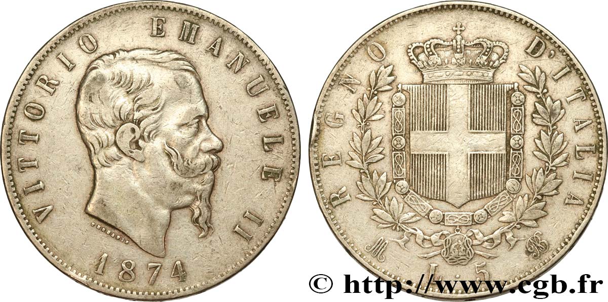 ITALIE 5 Lire Victor Emmanuel II 1874 Milan TB+