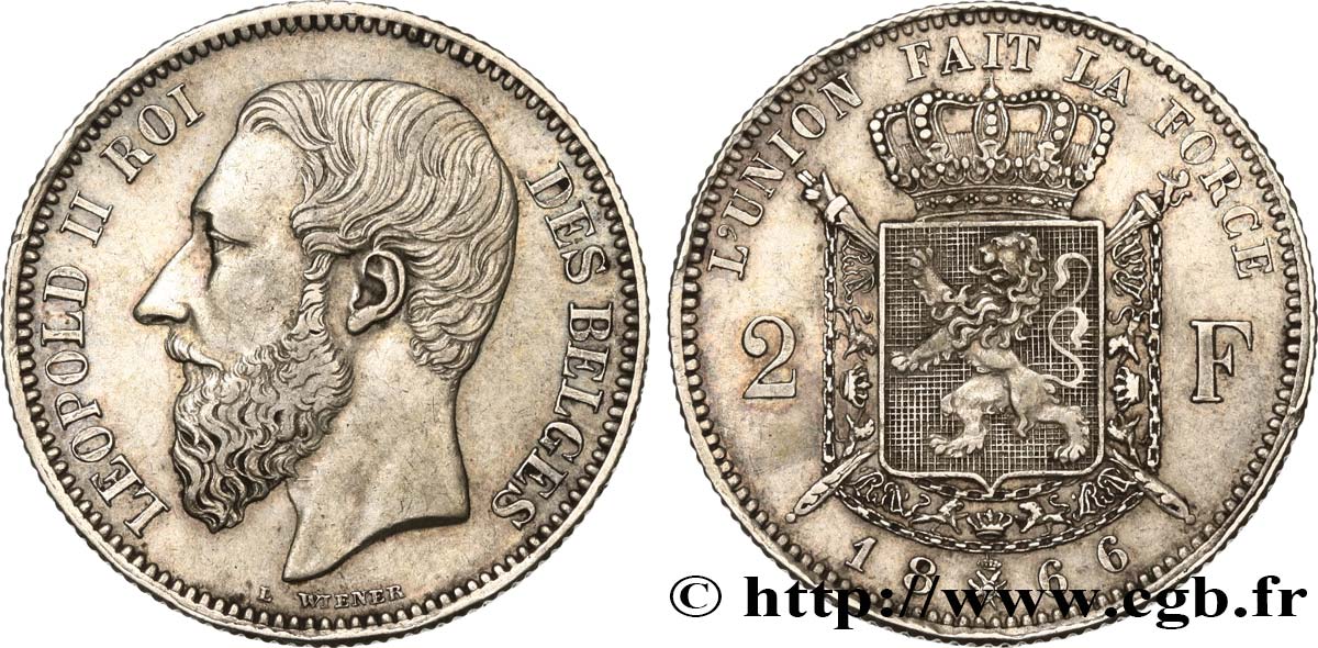 BELGIUM 2 Francs Léopold II légende française 1866  XF/AU 