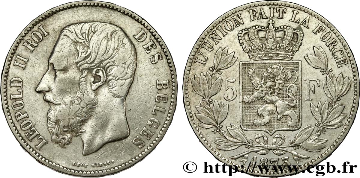 BELGIUM 5 Francs Léopold II 1873 VF