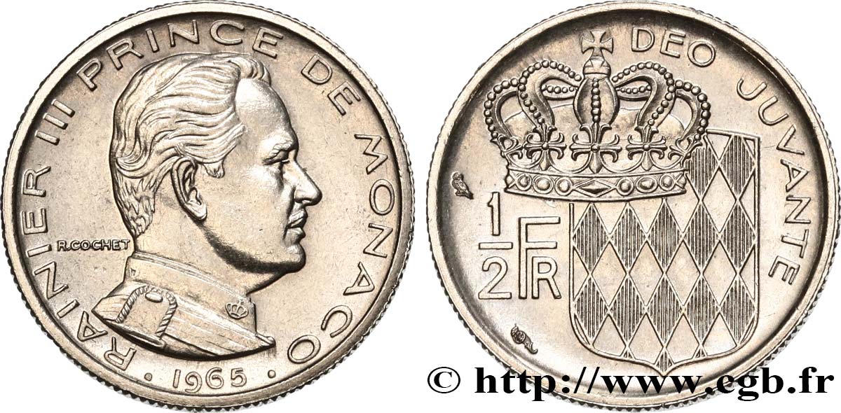 MONACO 1/2 Franc Rainier III 1965 Paris EBC 