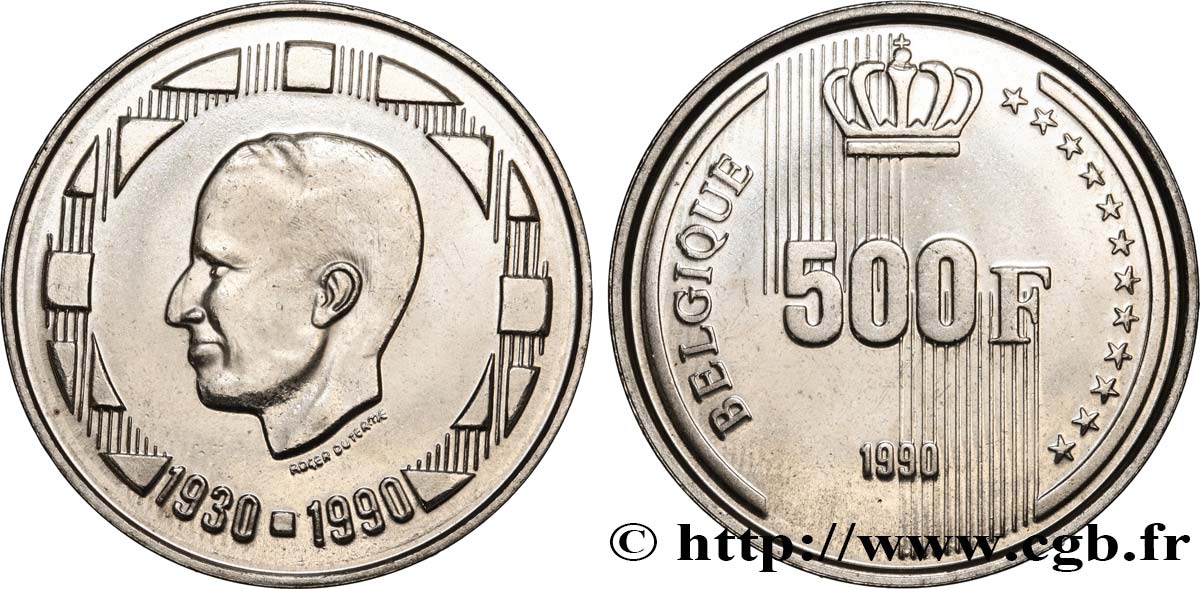 BELGIQUE 500 Francs légende française 60e anniversaire du roi Baudouin 1990 Bruxelles SPL 