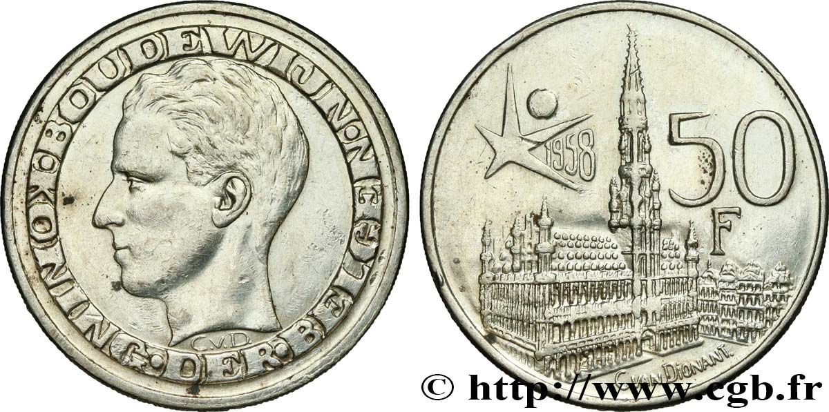 BELGIQUE 50 Francs Exposition Universelle de Bruxelles légende flamande 1958 TTB+