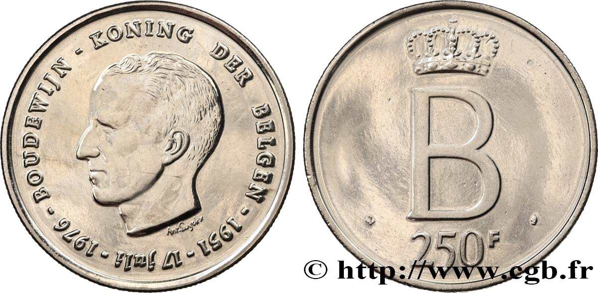 BELGIQUE 250 Francs jubilé d’argent du roi Baudouin légende flamande 1976 Bruxelles SPL 