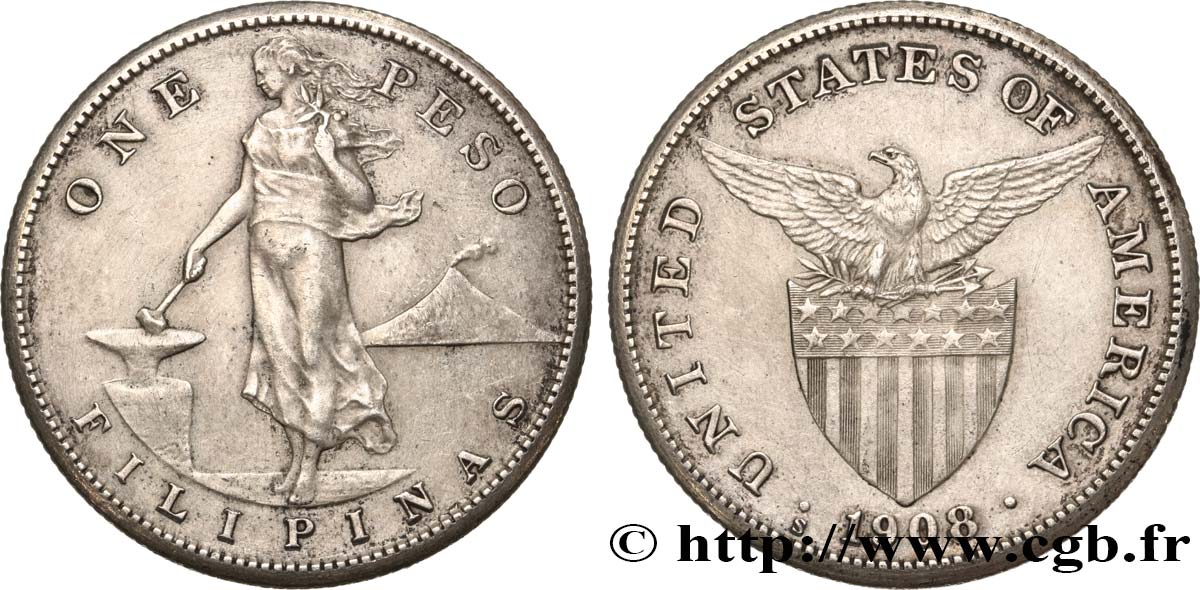 PHILIPPINES 1 Peso - Administration Américaine 1908 San Francisco - S TTB+ 