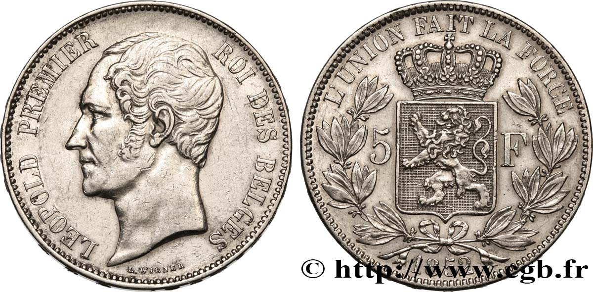 BELGIQUE 5 Francs Léopold Ier 1852  TTB+ 