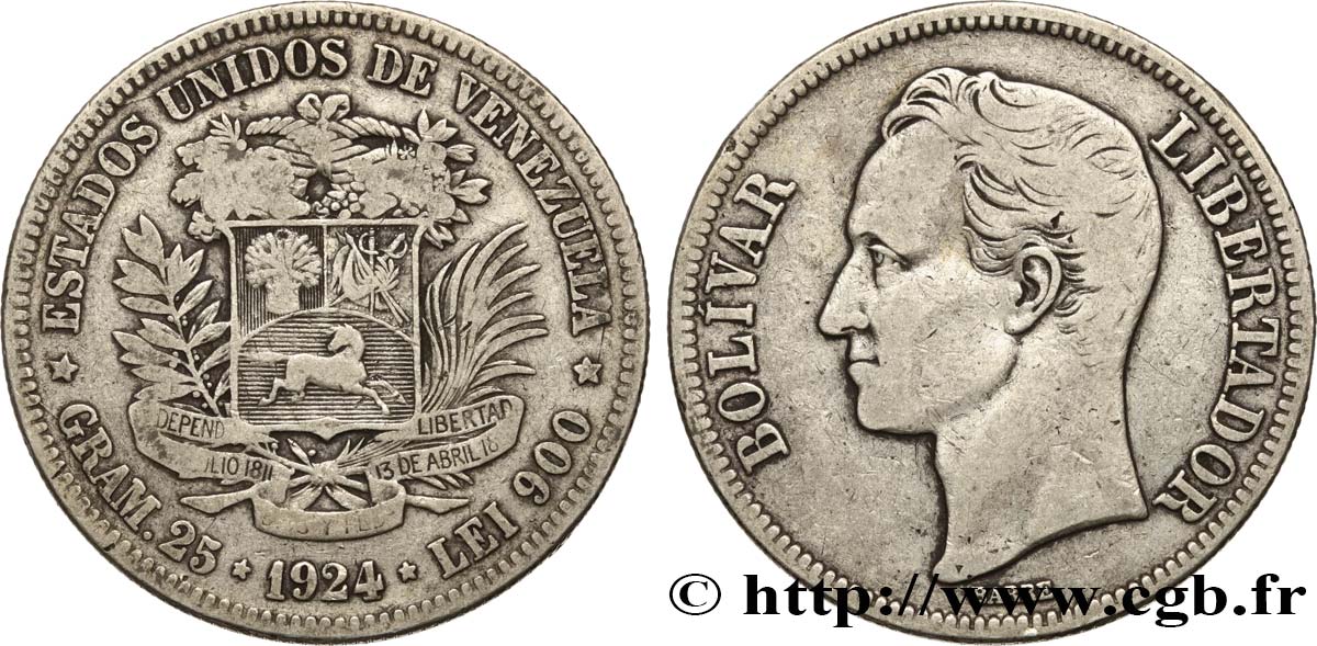 VENEZUELA 5 Bolivares Simon Bolivar 1924 Philadelphie TB+