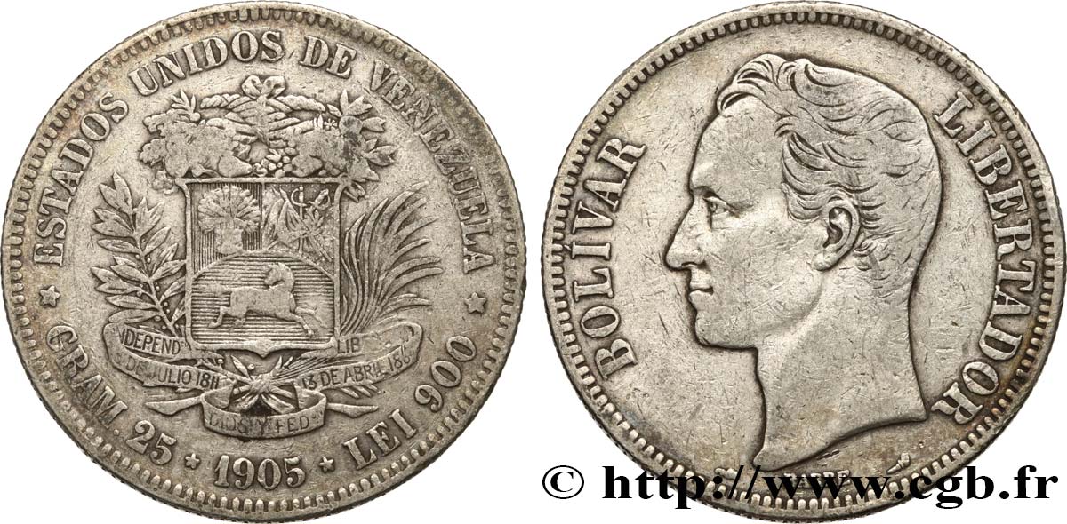 VENEZUELA 5 Bolivares Simon Bolivar 1905 Paris TB+