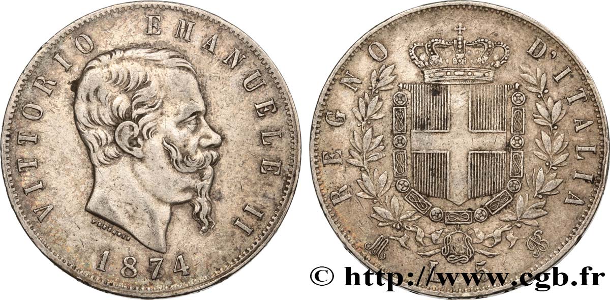 ITALIE 5 Lire Victor Emmanuel II 1874 Milan TB+