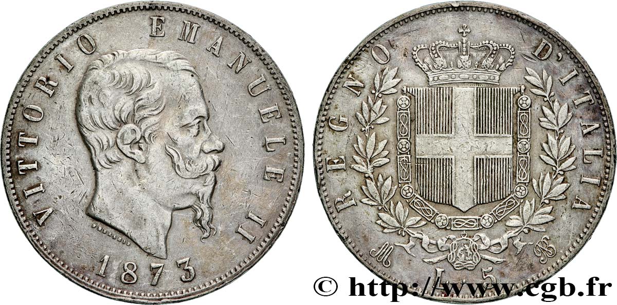 ITALIE 5 Lire Victor Emmanuel II 1873 Milan TTB