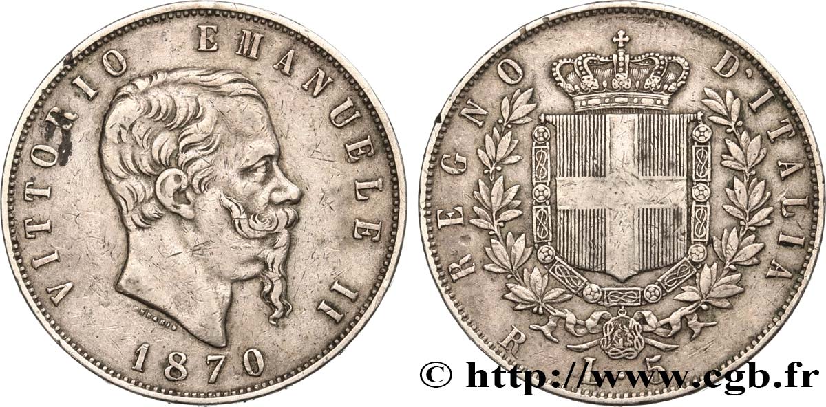 ITALIE 5 Lire Victor Emmanuel II 1870 Rome TTB