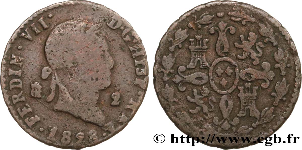 ESPAGNE 2 Maravedis Ferdinand VII 1828 Ségovie TB