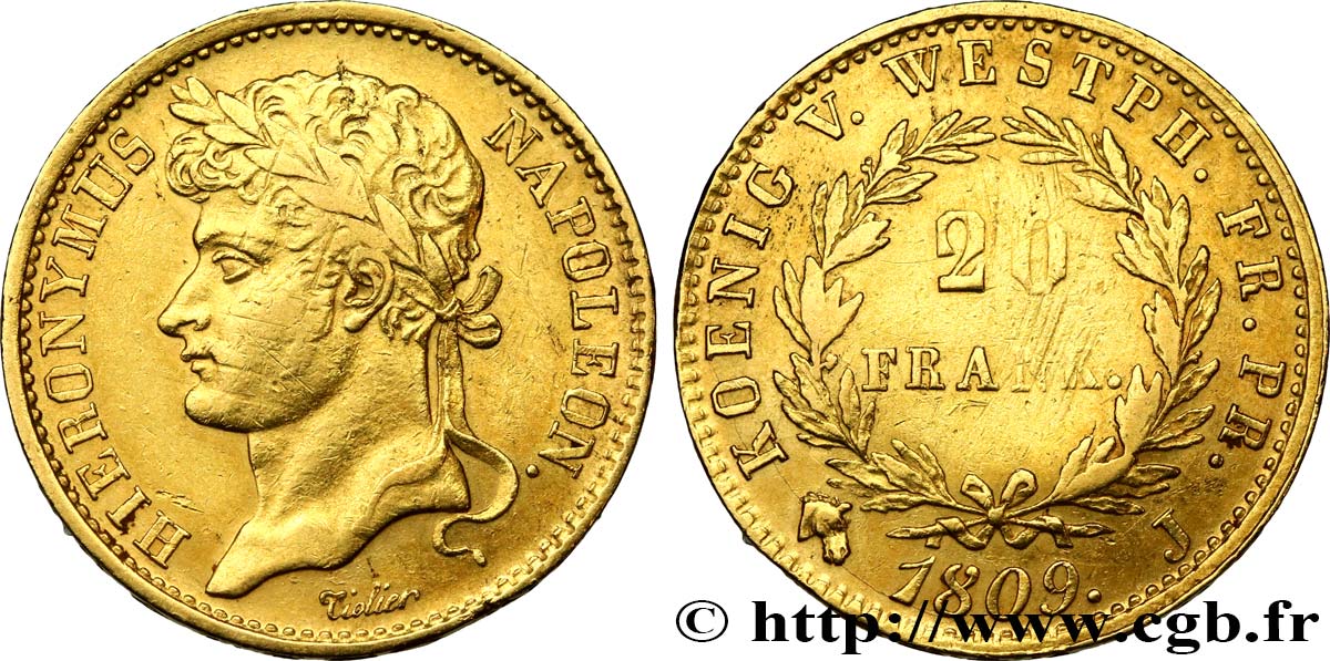 GERMANY - KINGDOM OF WESTPHALIA - JÉRÔME NAPOLÉON 20 Franken 1809 Paris AU/AU 
