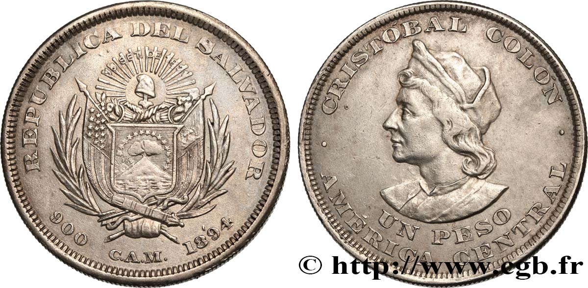 EL SALVADOR 1 Peso Christophe Colomb 1894  AU 